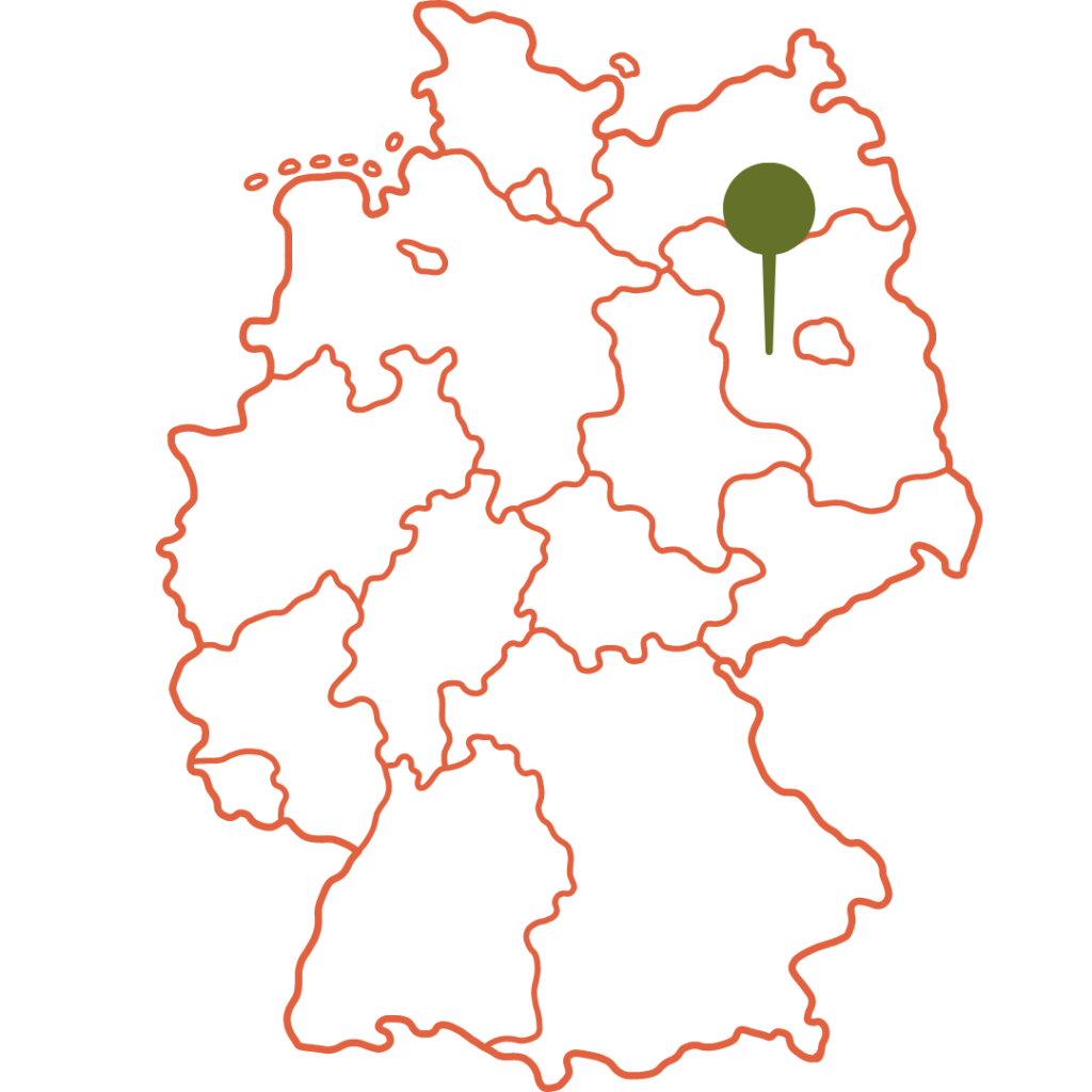 Zu sehen ist die Deutschlandkarte auf dem der Obsthof in Brandenburg gekennzeichnet ist.