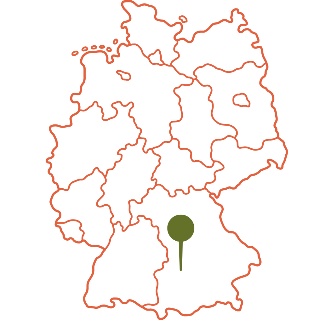 Zu sehen ist die Deutschlandkarte und der gekennzeichnete Apfelhof in Bayern.