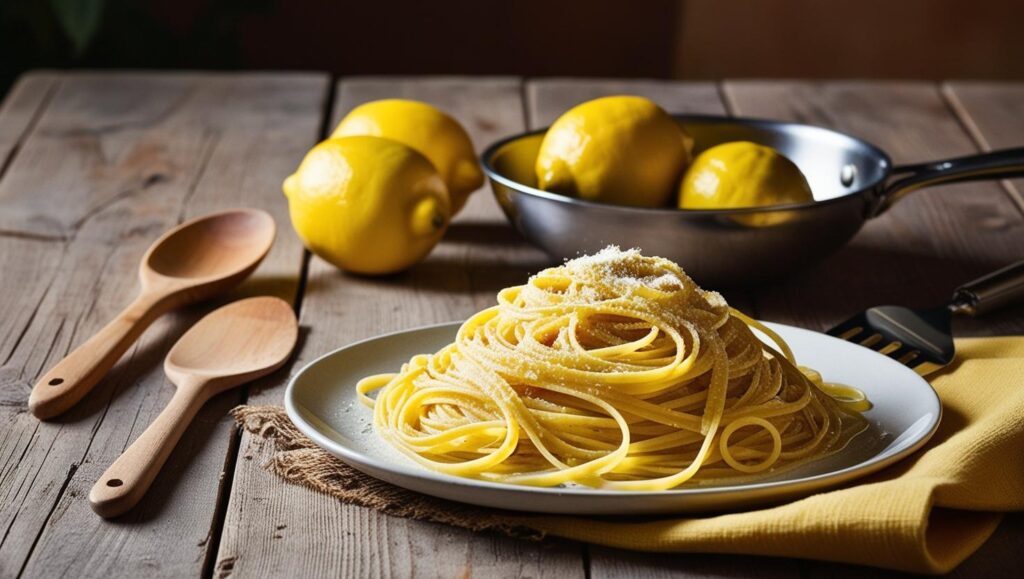 Zu sehen ist Pasta al Limone auf einem Teller serviert. Drum herum liegen Zitronen und Kochlöffel.