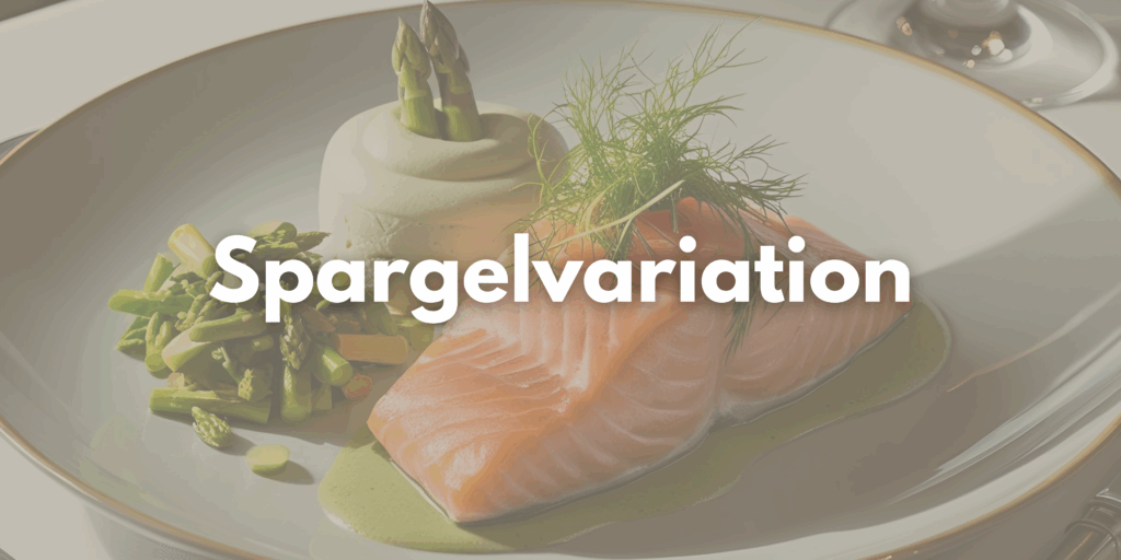 Man sieht ein Stück Lachsforellenfilet, Spargelmousse und Spargelsalat auf einem Teller drapiert.