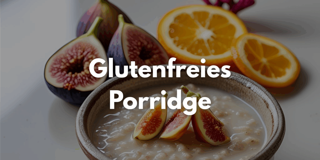 Schüssel mit glutenfreiem Porridge auf einem Tisch mit dekorativen Obst